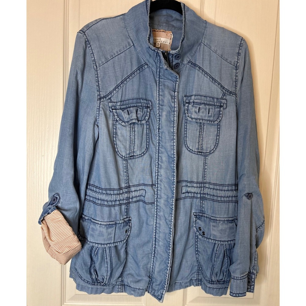 Moon & Meadow Womens Light Wash Lyocell Utility Field Jacket Striped Lining M